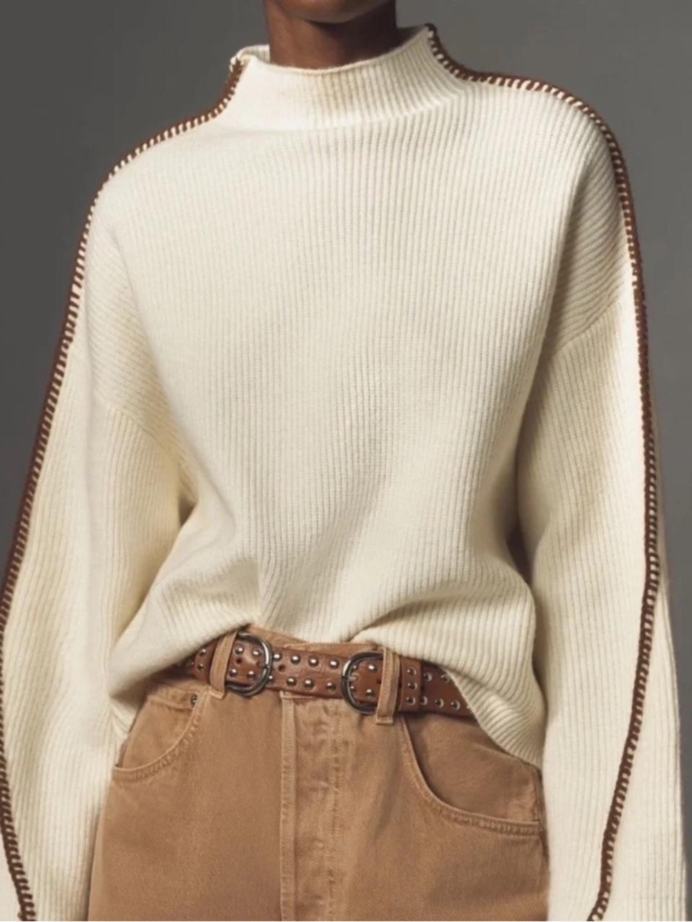 Anthropologie Cream Sweater with Brown Trim